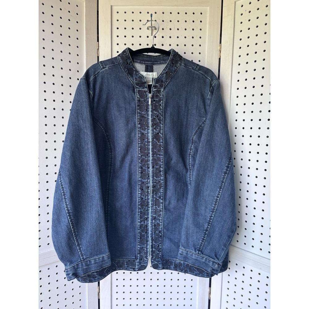 CJ BANKS 1X Women's Zip Blue Denim Jean Jacket w/ Black Jewel Stud Embroidery